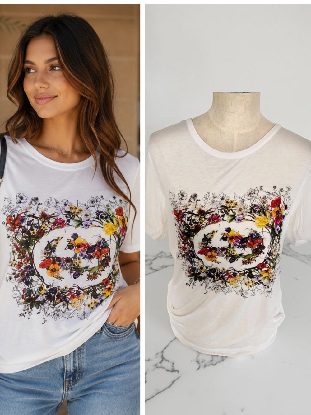 Gucci White Flora Interlocking GG Logo T-Shirt Rayon Medium Italy